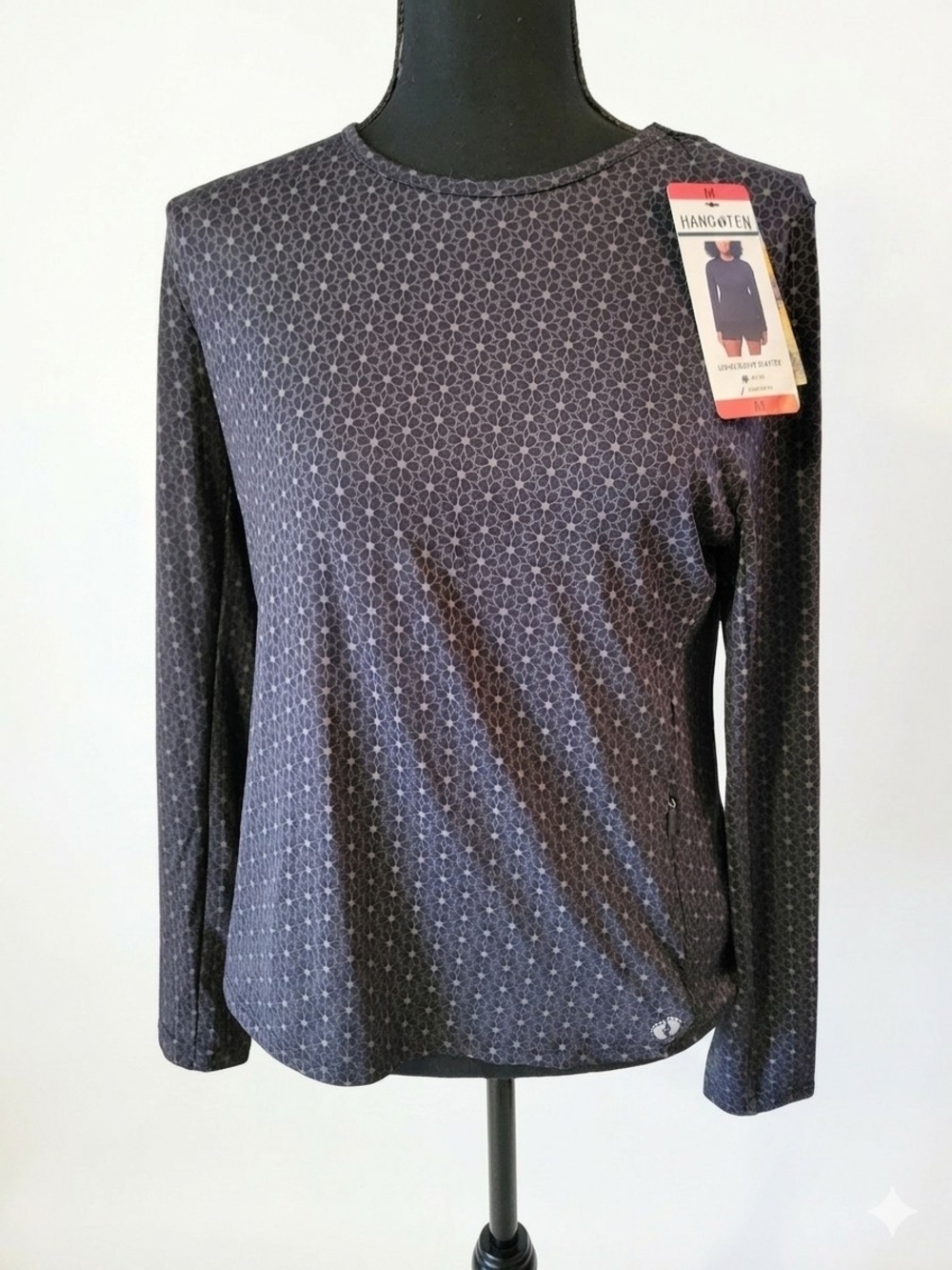Hang Ten Women's Long-Sleeve Crewneck Top - Black with Gray Geometric Print